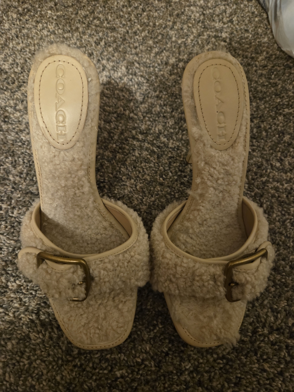 Coach Cream Shearling Buckle Slide Mules